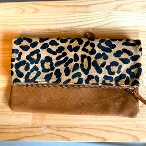 Leather leopard clutch bag
